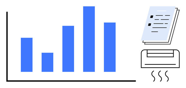 Синяя полоса графика и печатные документы, возникающие из принтера, излучающего волны жары. Идеально подходит для бизнеса, аналитики, формирования отчетов, документирования, делопроизводства, производительности и простой квартиры