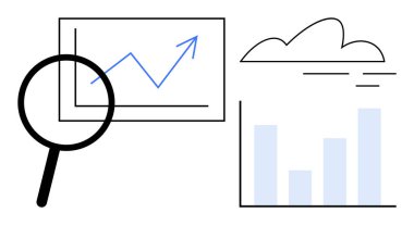 Büyüteç yukarı doğru grafiği inceliyor, baraj çizelgesi bulutların altında. Analiz, büyüme izleme, tahmin, veri bilimi, strateji, iş planlaması için ideal, minimal düz metafor