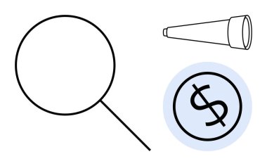 Büyüteç, teleskop ve dolar ikonu finansal analizi, hedef belirleme, öngörü, araştırma, yatırım, strateji iş planlamasını gösteriyor. Basit düz metafor için ideal