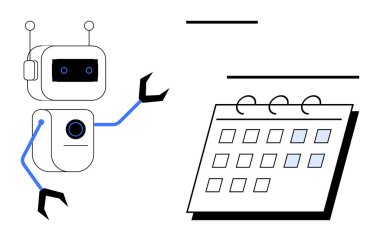 Robot bir takvime doğru uzanıyor, planlamada otomasyonu temsil ediyor. Yapay zeka, üretkenlik, görev yönetimi, programlama, fütüristik teknoloji, işyeri verimliliği, basit düz metafor