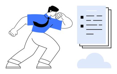 Harekete geçen, belgelerle ve bulutla yüzleşen, kararlılığı ve odaklanmayı sembolize eden kişi. Üretkenlik, hedef belirleme, kişisel büyüme, iş stratejisi, esneklik, takım çalışması için ideal