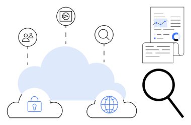 Belge ve büyüteçle bağlantılı asma kilit, küre, kullanıcı ve arama sembollerine sahip bulut simgeleri. Teknoloji, veri analizi, internet, güvenlik iletişimi yenilikçiliği için ideal