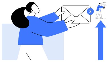 Elinde uyarı rozeti olan bir zarf tutan bir kadın, ilerlemeyi sembolize eden mavi bir ok ve ampulü olan küçük bir insan. Takım çalışması, iletişim, yaratıcılık, büyüme ve ağ için ideal