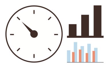 Gruplandırılmış bar çizelgelerinin yanında analitik ve performansı yansıtan zaman yönetimini gösteren saat. Üretkenlik, verimlilik, planlama, strateji, ilerleme, raporlama, zaman bazlı hedefler, basit