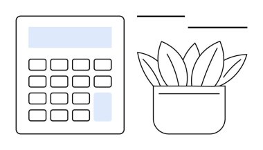 Yapraklı hesap makinesi ve saksı iş hayatı dengesini, üretkenliği, minimalizmi ve çevre dostu temaları iletir. Ofis, finans, organizasyon, sürdürülebilirlik, büyüme basitliği için ideal