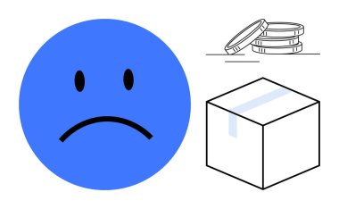 Bozuk paraların ve kasetteki kasetin yanında mavi üzgün yüz maliyetlerden, nakliye sorunlarından, değer kaybetmekten memnun olmadığını gösteriyor. E-ticaret, harcamalar, dağıtım, hayal kırıklığı, tasarruf, ekonomi tüketici hakları için ideal