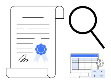 Mavi rozetli imzalı sertifika, teftiş için büyüteç, hesaplama araçlarıyla bilgisayar ekranı görüntüleme. Denetleme, yasal, sertifika, finans, analiz için ideal