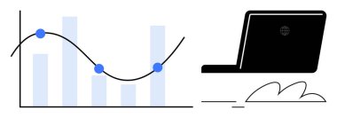 Araştırma, teknoloji ve analizi sembolize eden dizüstü bilgisayarın yanındaki veri noktaları ile bağlantılı çizgi ve bar grafiği. İş, finans, teknoloji, yenilik, eğitim, büyüme dijital için ideal