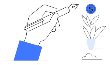 Dolarların açtığı bir çiçeğin yanında dolmakalem tutan bir el. Finans, yatırım, büyüme, yaratıcılık, planlama, başarı, basit düz metafor