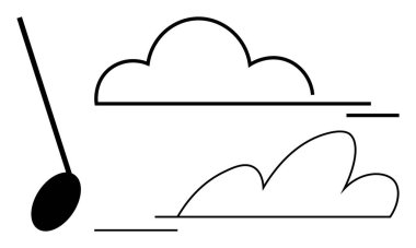 Çağdaş minimalizmle soyut bulut tasarımlarının etrafını süpüren süpürge sopası. Temizlik, sadelik, hareket, sürdürülebilirlik, hijyen, ev ve modern dekor temaları için ideal basit düz metafor