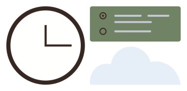 Bulut depolama ve sunucu veri arayüzü ile çevrili saat. Üretkenlik, bulut hesaplama, ağ oluşturma, programlama, teknoloji, veri yönetimi, takım çalışması için ideal. Basit düz metafor