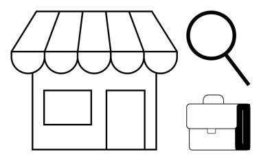 Çizgili güneşlik, büyüteç ve evrak çantalı bir dükkan. Küçük işletmeler, perakende, girişimcilik, iş arama, e-ticaret yatırımları için idealdir. Basit düz metafor