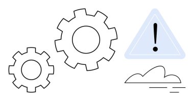 İki dişli, ünlem işaretli uyarı üçgeni ve bulut. İşlem alarmı, sistem bakımı, otomasyon, sorun giderme, bağlantı bulutu işletim akışı için ideal. Basit.