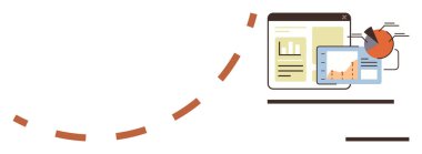 Grafikler, pasta grafiği, tablet ve tarayıcı penceresi iş analizi, strateji ve dijital raporlamayı temsil eder. Veri analizi, planlama, sunum araştırma pazarlama eğitimi için ideal