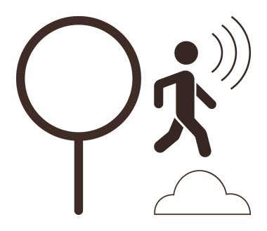 Ses dalgaları, büyüteç ve bulut hatlarıyla yürüyen insan figürünün minimalist sembolleri. Keşif, iletişim, arama, bağlantı, yenilik teknolojisi ve navigasyon için ideal. Basit.