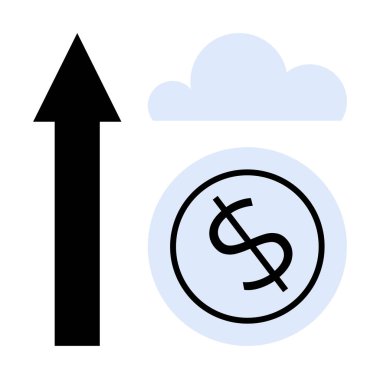 Yuvarlak ve bulut şeklinde dolar işaretinin yanında yükselen ok finansal büyümeyi, ekonomik ilerlemeyi temsil ediyor. İş stratejisi, yatırım, ekonomi, kalkınma, başarı, finans, basit daire için ideal
