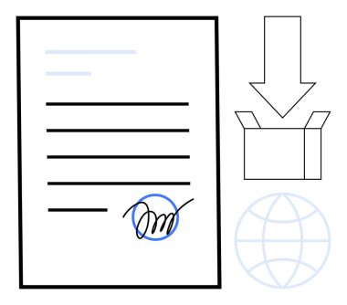 El yazısı, açık kutu, aşağı ok ve dünya çizgisi olan imzalı bir belge. Kontrat, imza, anlaşma, teslimat, küreselleşme için ideal. Temiz, düz bir metafor.