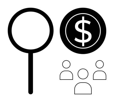 Taslak insan simgelerinin yanında dolar işaretine odaklanan büyüteç, finans, iş, işe alım, yatırım, araştırma, ekonomi ve zenginlik yönetimini temsil ediyor. Basit bir daire için ideal