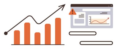 Yukarı doğru ok, uyarı simgesi ve performans eğilimlerini gösteren analitik gösterge tablosu. Ticari büyüme, analitik, strateji planlaması, veri içgörüleri, risk yönetimi, pazarlama için ideal