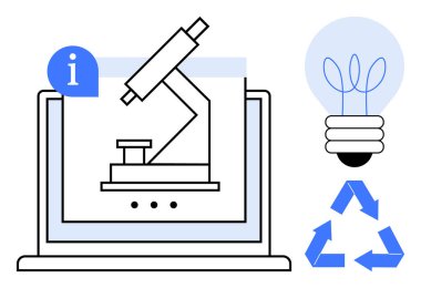 Dizüstü bilgisayar ekranında mikroskop, ampul, bilgi ikonu ve geri dönüşüm okları. Araştırma, yenilik, sürdürülebilirlik, çevre dostu teknoloji eğitimi bilim ve ilerleme için idealdir. Minimalist daire