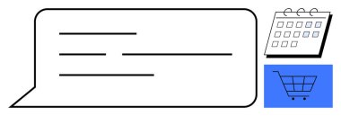 Metin hatları olan sohbet balonu, takvim çizelgesi ve e-ticaret için alışveriş arabası. İletişim, e-ticaret, planlama, planlama, üretkenlik, online alışveriş için ideal basit düz metafor