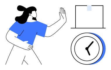 Saat ve dizüstü bilgisayarın yanında duran bir kadın dengeyi, sınırları ve zaman yönetimini vurguluyor. Üretkenlik, iş hayatı dengesi, verimlilik, odaklanma, öncelik sıralaması, karar verme safhası için ideal