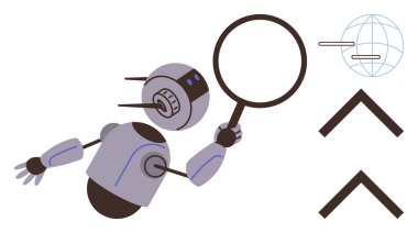 Robot büyüteç kullanıyor. Oklarla dünyayı inceliyor. Teknoloji, araştırma, yapay zeka, yenilik, veri analizi, küresel erişim, otomasyon kavramları için idealdir. Basit düz metafor