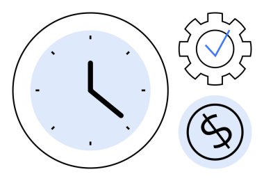 Zamanı simgeleyen saat, verimlilik için işaretli dişli dişli ve değer için dolar işareti. Üretkenlik, zamanlama, maliyet yönetimi, hedef belirleme, organizasyon öncelikleri için idealdir. Basit.