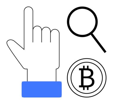 Kripto para birimi araştırmaları, dijital işlemler, engelleme zinciri keşifleri, zenginlik yönetimi, teknoloji, yenilikçiliği temsil eden bir büyüteç ve Bitcoin sembolünün yanına uzanan el işareti