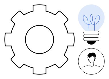 Büyük dişli sembolü, parlayan ampul ve insan ikonu yaratıcılığı, takım çalışmasını, problem çözmeyi, gelişmeyi, beyin fırtınasını ve yeniliği simgeler. Üretim mühendisliği işbirliği için ideal