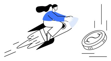 Roketle bozuk paraya doğru uçan kadın maddi gelişimi, hırsı ve fırsatı simgeliyor. İş, kariyer, girişim, yenilik, yatırım stratejisi motivasyon kavramları için idealdir. Basit.