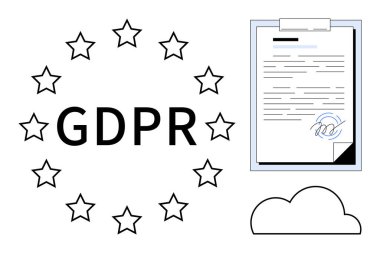 Yıldızlarla çevrili GDPR metni, panoya imzalı belge, bulut simgesi. Veri koruması, uyum, yönetmelikler, mahremiyet, dijital güvenlik yönetimi yasal anlaşmaları için idealdir. Temiz daire