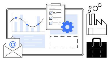 Veri tablosu, ilerleme grafiği, kontrol listesi panosu, teçhizat, zarf, fabrika ve evrak çantası. İş akışı analitik strateji işlemleri üretkenlik kurumsal başarı planlamak için ideal. Basit düz