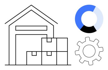 Depo yapısı istiflenmiş kutular, işlemler için bir dişli ve analiz için bir segmentli çizelge tutuyor. Lojistik, envanter, tedarik zinciri, iş, optimizasyon, verimlilik için ideal