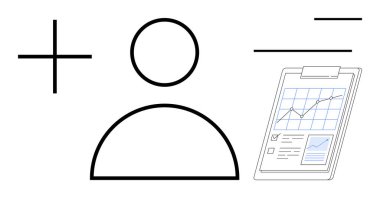 Soyut kullanıcı simgesi, artı işareti, grafik ve notlu istatistik panosu. Veri analizi, kullanıcı yönetimi, büyüme stratejisi, takım yönetimi, iş güncellemeleri için ideal
