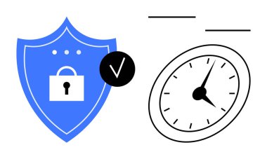 Kilitli kalkanlar, koruma ve güvenliği sembolize eden işaretler zaman yönetimi metaforu olarak analog saatle eşleştirilmiş. Siber güvenlik, güvenilirlik, verimlilik, teslim tarihleri, koruma için ideal