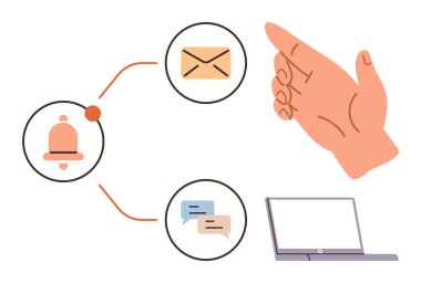 Bir dizüstü bilgisayara bağlı uyarı zili, zarf ve konuşma baloncuklarını gösteren bir el. İletişim, alarmlar, verimlilik, takım çalışması için ideal, e-posta çoklu görev anımsatıcı. Basit düz metafor