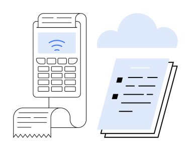 Yazılı makbuzlu ödeme terminali, bulut simgesi, istiflenmiş belgeler. Ödeme çözümleri, bulut hesaplama, dijital işlemler, e-ticaret, kağıtsız fatura, basit daire kaydı için ideal