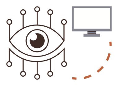Noktalı bir çizgi üzerinden bilgisayar ekranına bağlı düğümlere sahip göz. Yapay zeka, gözetim, analitik, araştırma, görüş, bağlantı ve veri akışı için ideal. Basit düz metafor