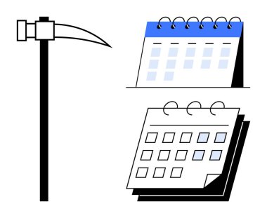 İki spiral çizgili masa takviminin yanında kazma, çalışma, planlama, planlama ve günlük üretkenlik temaları vurgulanıyor. İş için ideal, proje yönetimi, teslim tarihleri, organizasyon, zaman
