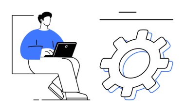 Üzerinde büyük bir vites simgesi olan bir dizüstü bilgisayar kullanan kişi, çalışma sürecini, sistem gelişimini ya da mühendisliği simgeliyor. Üretkenlik, otomasyon, teknoloji, iş akışı, yenilik verimliliği için ideal