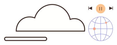 İlerleme çubuğu olan bulut ana hatları, bağlantı düğümleri olan dünya, multimedya oynatma kontrolleri. Teknoloji, bulut depolama, akış, küresel bağlantı, dijital ortam, veri aktarım kullanıcısı için ideal