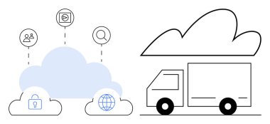 Bulut elementleri kullanıcı, kilit, arama ve dünya simgelerine bağlandı. Bulutların altında teslimat kamyonu. Lojistik, veri paylaşımı, siber güvenlik, ulaşım inovasyon bağlantı bulutu için ideal
