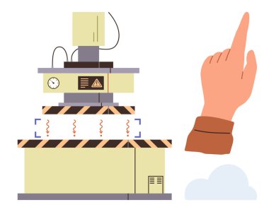 Uyarı işaretli mekanik teçhizat, yukarı bakan bir el ve ince bir bulut. Mühendislik, güvenlik, endüstriyel tasarım, otomasyon, hassasiyet, basit düz üretim için ideal