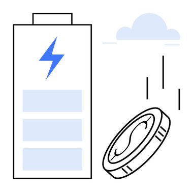 Madeni para, bulut ve yağmur damlalarının yanında elektrik güç sembolü olan pil sürdürülebilirlik, enerji depolama, finansal büyüme, eko-teknoloji, yenilik, çevre, basit düz düzlemdeki verimlilik