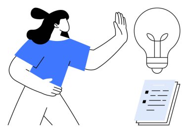 Belgelerin yakınındaki bir ampulle sembolize edilen bir fikre karşı çıkan bir kadın. Yaratıcılık, fikir değerlendirmesi, karar verme, görev yönetimi, üretkenlik, beyin fırtınası veya