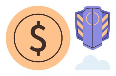Turuncu daireli büyük dolar işareti, çizgili mor kalkan ve yumuşak bulut şekli. Finans, tasarruf, güvenlik, yatırım, dijital bankacılık ve koruma kavramları için ideal. Basit düz