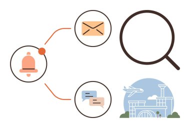 Büyüteç, bildirim zili, e-posta, mesajlar ve havaalanı binası iletişimi, uyarıları, keşfi, çevrimiçi bağlantıyı, seyahat mesajları organizasyonunu ve basit bir planı temsil eder.