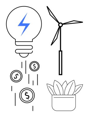 Bozuk para, rüzgar türbini ve yenilenebilir enerji, sürdürülebilir büyüme, eko-finans ve yeşil yatırımı temsil eden saksı bitkisi yayan ampuller. Enerji, finans ve sürdürülebilirlik için ideal yeşil teknoloji