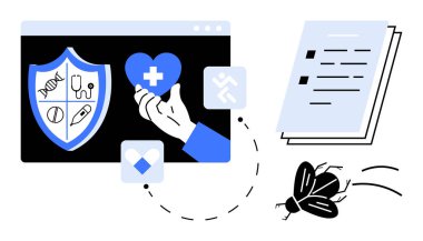 Tıbbi simgelerin olduğu bir kalkan, kalp, belgeler, yazılım hatalarının işaretlenmesi. Sağlık teknolojisi, yazılım testi, dijital sağlık, veri güvenliği ve hata izleme için ideal